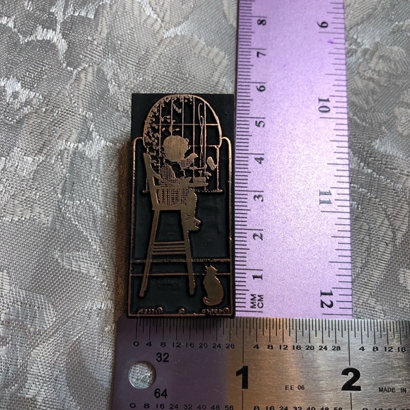 Antique Wooden Print Block Copper Child Bird Cat - Picture 3 of 4
